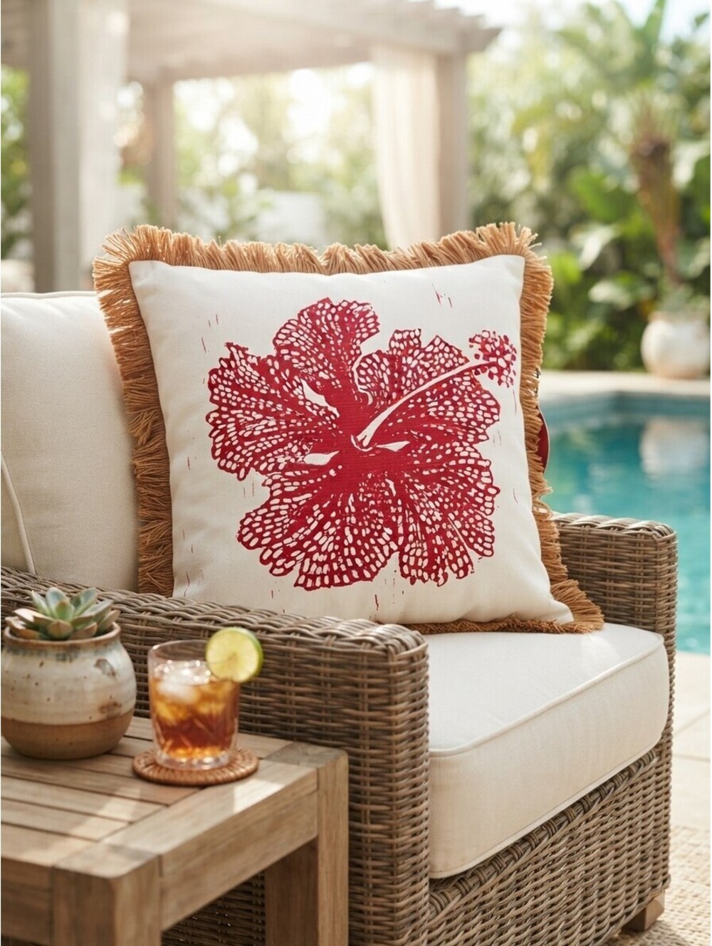 Opalhouse Hibiscus & Geometric Fringe Outdoor Throw Pillow – 17" x 17"